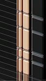 A series of glossy, rectangular tiles arranged vertically with a metallic finish. The tiles are colored in gold, copper, and black, creating a sleek and modern appearance. The surface reflects light, highlighting the smooth texture and polished edges.