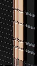 A series of glossy, rectangular tiles arranged vertically with a metallic finish. The tiles are colored in gold, copper, and black, creating a sleek and modern appearance. The surface reflects light, highlighting the smooth texture and polished edges.