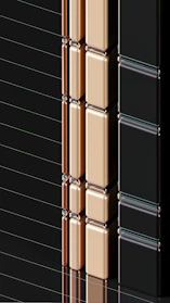 Sleek, glossy ceramic tiles in a modern geometric pattern on a kitchen floor.