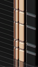 A series of glossy, rectangular tiles arranged vertically with a metallic finish. The tiles are colored in gold, copper, and black, creating a sleek and modern appearance. The surface reflects light, highlighting the smooth texture and polished edges.