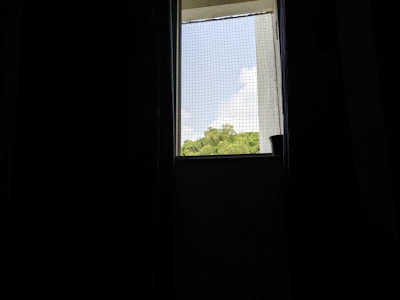 Photo of a neatly installed mosquito net covering a glass balcony overlooking a green garden.
