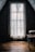 A wooden attic room with a single window covered by delicate lace curtains. The light filtering through the lace casts soft patterns on the wooden floor. A small portion of a rustic chair with a cushioned seat is visible on the right side.