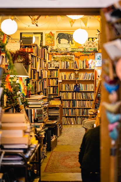 A cozy, cluttered bookstore filled with tightly packed shelves of books. Warm lighting highlights an eclectic assortment of decorations, including posters and hanging lights. The space has a lived-in, inviting atmosphere, suggesting a place for leisurely browsing.