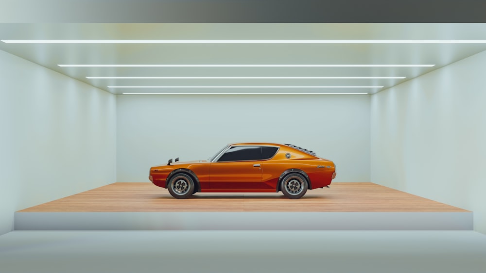 an orange car is parked in a white room