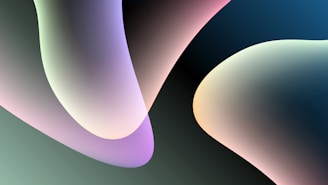 A digital abstract artwork featuring smooth, gradient shapes that blend pastel colors such as purple, pink, and teal. These fluid forms overlap against a dark backdrop, creating a harmonious and flowing composition.