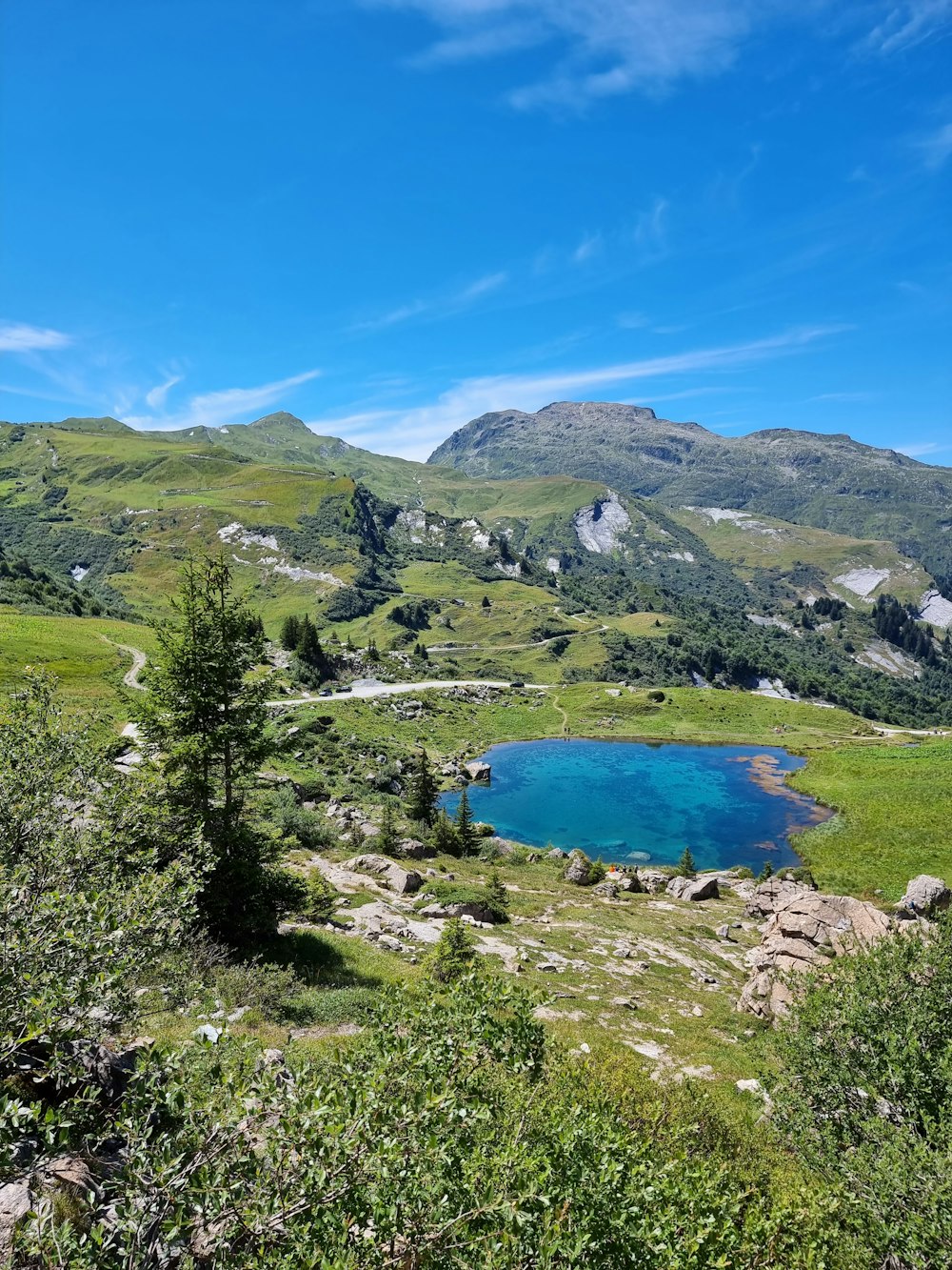 a blue lake in the middle of a lush green field