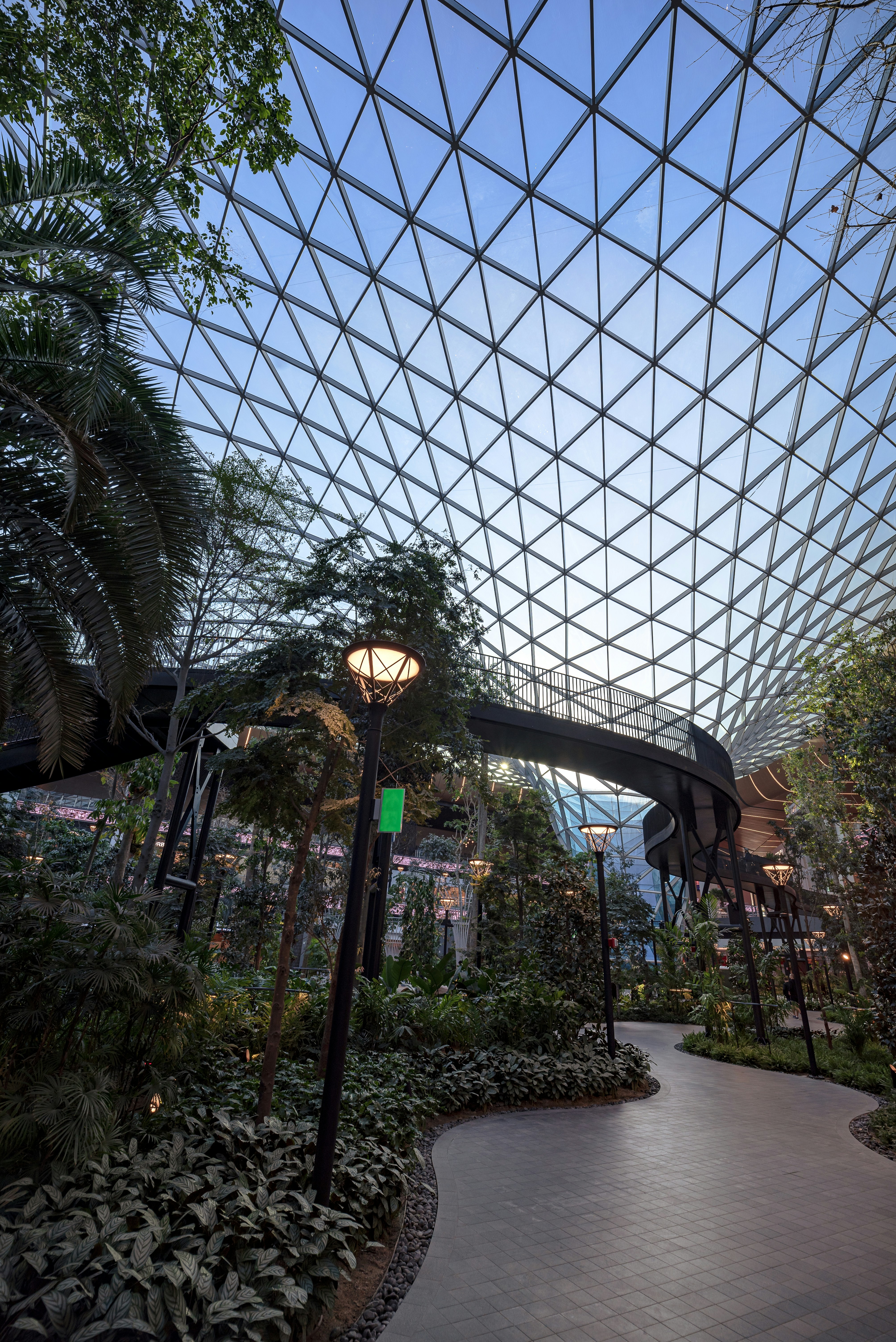 the inside of a building with a glass roof