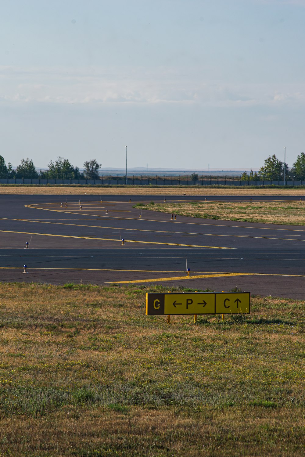 a yellow sign sitting in the middle of a field