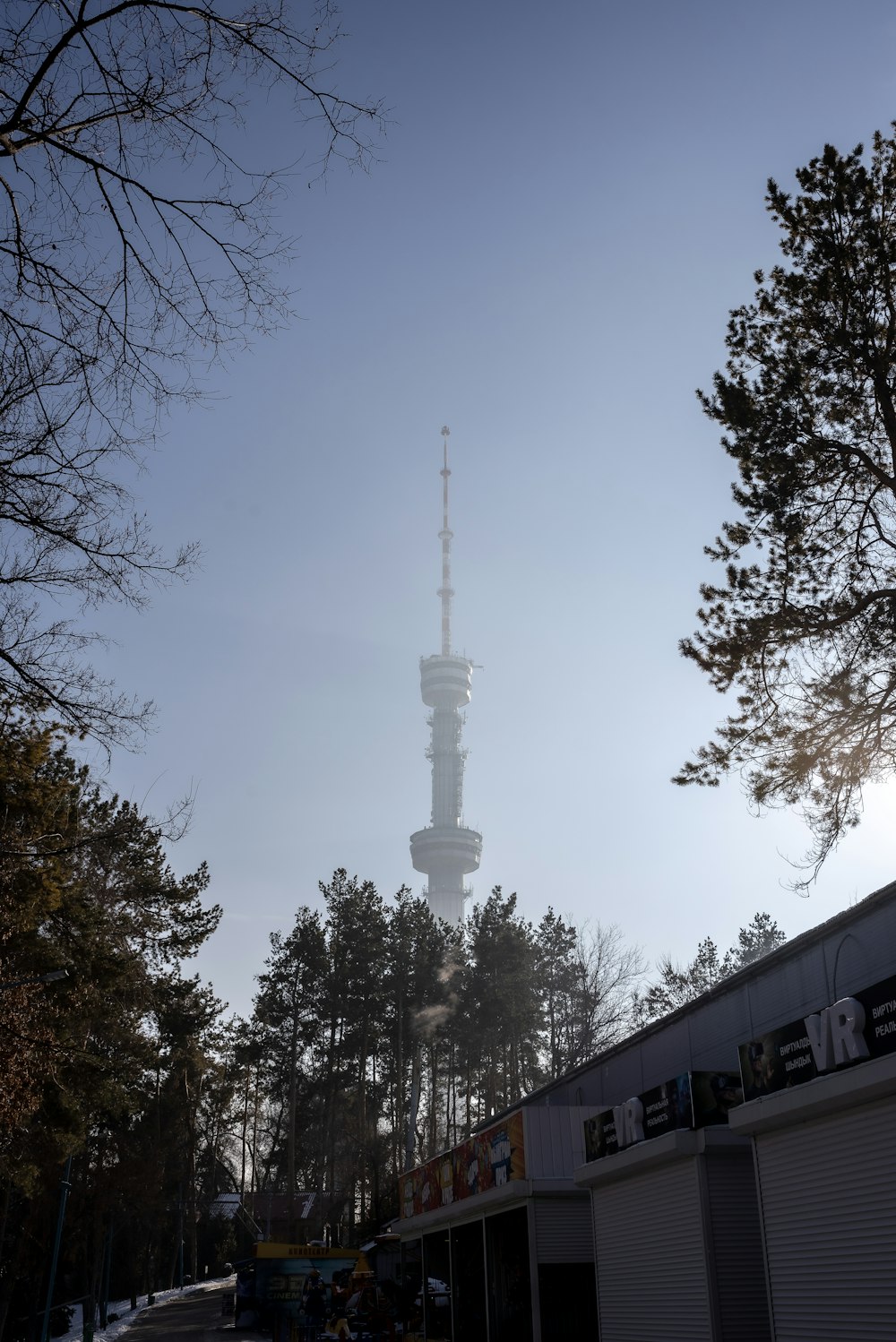 a tall tower towering over a forest filled with trees