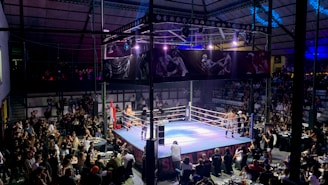 A dynamic scene of two fighters exchanging punches in a packed arena under bright lights.