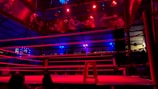 An empty boxing ring is illuminated by dramatic red and blue spotlights inside a dimly-lit arena. A small stool is placed in the center of the ring, surrounded by ropes. The arena is adorned with banners depicting action scenes, and a few silhouettes of spectators can be seen in the background.