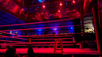 A sleek neon-lit boxing ring with electric blue and purple accents, capturing the intensity of a night fight.