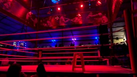 An empty boxing ring is illuminated by dramatic red and blue spotlights inside a dimly-lit arena. A small stool is placed in the center of the ring, surrounded by ropes. The arena is adorned with banners depicting action scenes, and a few silhouettes of spectators can be seen in the background.