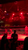 A wrestling ring is illuminated with red lighting, creating a dramatic atmosphere. Several people are visible around the ring, with silhouetted spectators in the foreground. Banners or art adorn the upper walls, and the venue has an industrial ceiling with exposed beams.