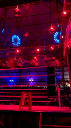 A brightly lit boxing or wrestling ring with vivid red and blue lights. Banners with images of fighters hang from the ceiling. The ropes of the ring are prominently visible, and a stool is placed inside the ring. The arena is filled with an audience, silhouetted against the colorful lighting.