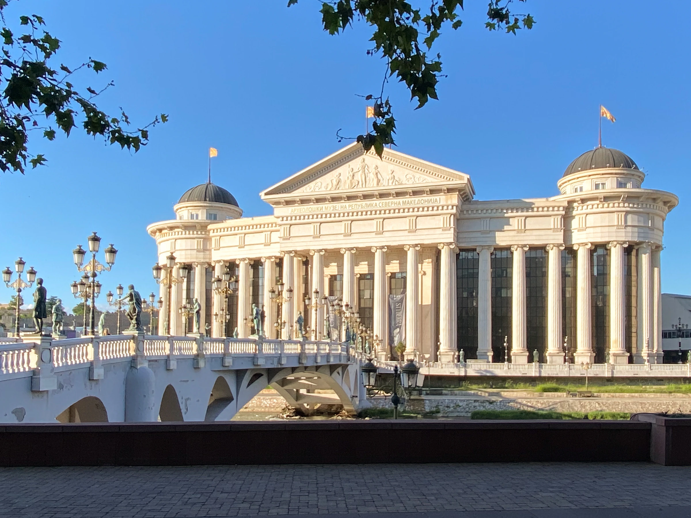The Stone Bridge and Archaeological Museum along the Vardar river in Skopje, North Macedonia