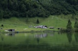 A serene landscape featuring a lush green hillside descending to a calm body of water. Several rustic buildings, including a main cabin and smaller sheds, are situated near the water's edge. The area is surrounded by dense forest with majestic trees. Grazing animals and a few people can be seen at a distance.
