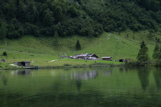 A serene landscape featuring a lush green hillside descending to a calm body of water. Several rustic buildings, including a main cabin and smaller sheds, are situated near the water's edge. The area is surrounded by dense forest with majestic trees. Grazing animals and a few people can be seen at a distance.