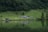 A serene landscape featuring a lush green hillside descending to a calm body of water. Several rustic buildings, including a main cabin and smaller sheds, are situated near the water's edge. The area is surrounded by dense forest with majestic trees. Grazing animals and a few people can be seen at a distance.