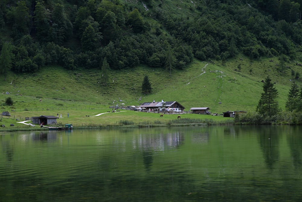 a lake surrounded by a lush green hillside