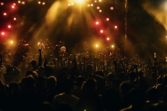 A large crowd of people enjoying a live music concert with numerous hands raised. The stage is brightly illuminated with various colored lights, creating a lively and vibrant atmosphere.