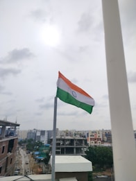 An Indian national flag is mounted on a pole, waving in the breeze against a cloudy sky. The background includes a cityscape with buildings and a few construction sites visible.