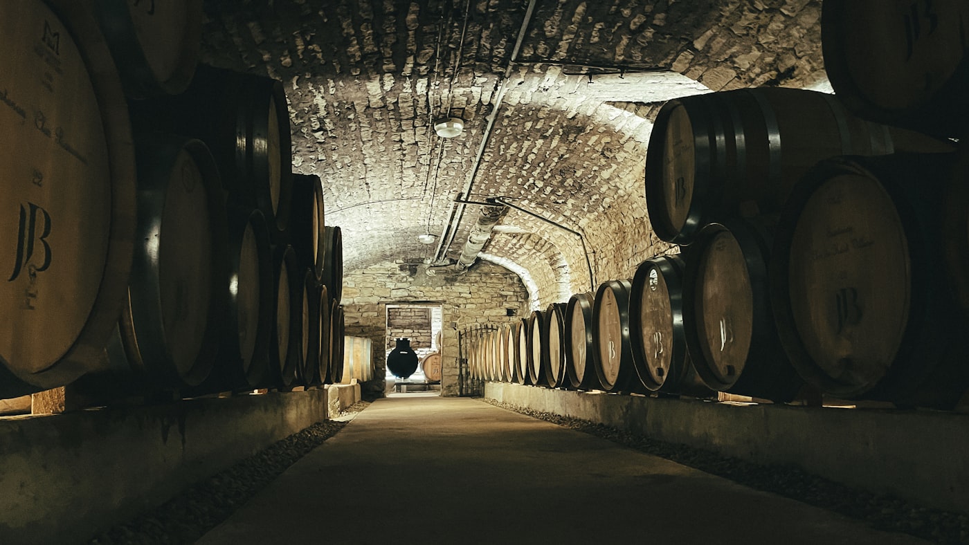 Historic wine barrels in an English vineyard cellar