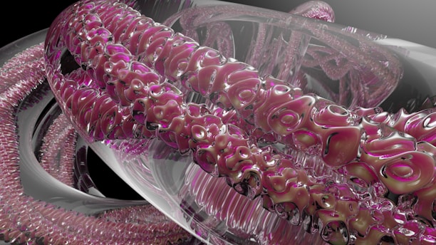 An intricate and abstract 3D rendering featuring intertwined, glossy tubes with a metallic and glass-like texture. The tubes have a complex surface pattern with hues of pink, purple, and silver, creating a visually engaging and futuristic composition.