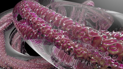 An intricate and abstract 3D rendering featuring intertwined, glossy tubes with a metallic and glass-like texture. The tubes have a complex surface pattern with hues of pink, purple, and silver, creating a visually engaging and futuristic composition.