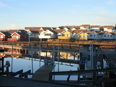 A serene sunrise over a New England seacoast neighborhood with charming homes and calm waters.
