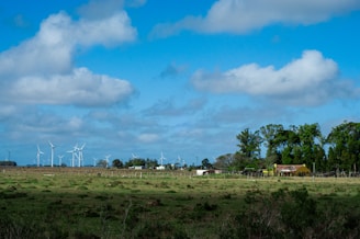 A landscape featuring a wide, open field with a wind farm visible in the distance. Several large wind turbines rise above the horizon, set against a backdrop of blue sky dotted with fluffy white clouds. On the right side, a grove of trees surrounds a small, rustic farmhouse with a red roof, adding a touch of quaintness to the pastoral scene.