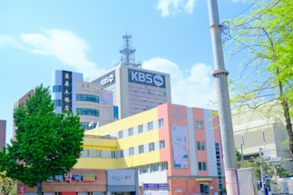 A modern urban scene with several multi-story buildings featuring a mix of architectural styles. Prominent signage with the text 'KBS' indicates a media or broadcasting company. The foreground includes a colorful building with yellow and pink hues, and commercial establishments at the street level. Various trees with lush green foliage frame the scene, with a clear blue sky overhead.