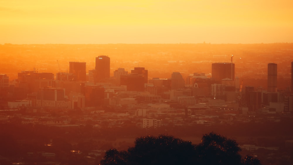 a view of a city at sunset from a hill