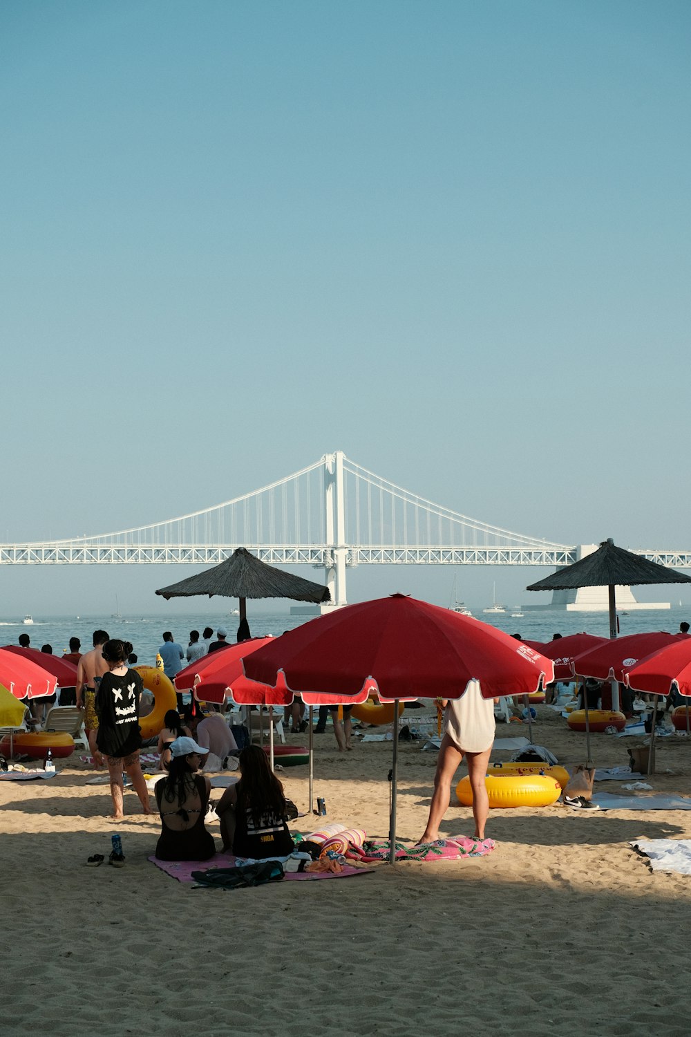 a group of people sitting on top of a sandy beach