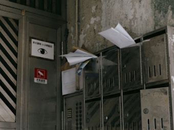 A group of metallic mailboxes attached to a worn, dirty wall. Some mailboxes have envelopes and papers sticking out. Nearby, there is a door with various signs in another language including an eye symbol and a red sign indicating 'No Smoking'.