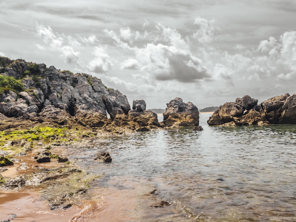 a body of water surrounded by rocks under a cloudy sky