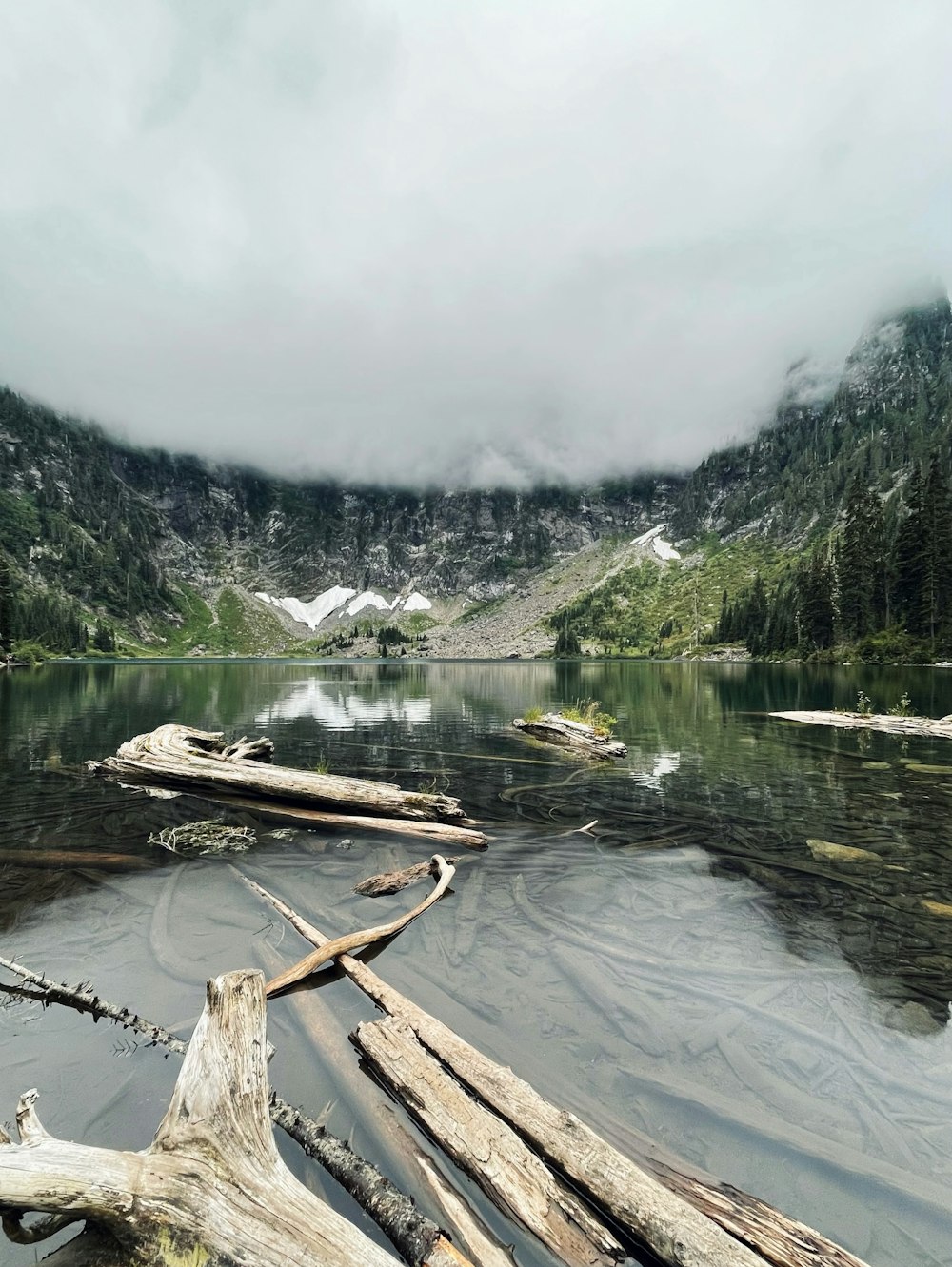 a body of water surrounded by trees and mountains