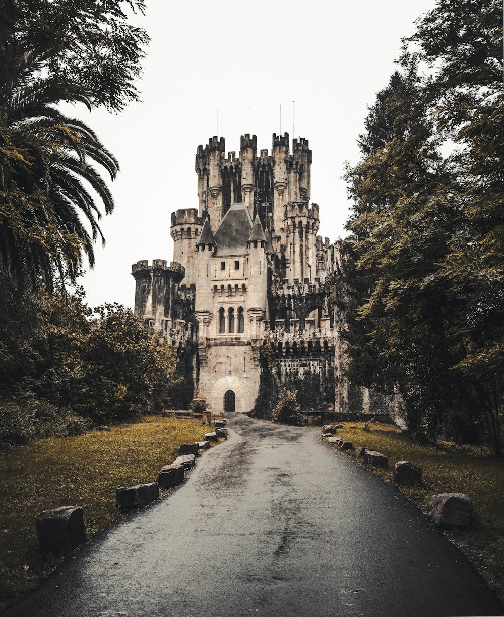 a large castle with a long driveway in front of it