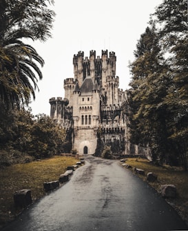 A majestic medieval castle stands in the center, surrounded by dense trees. The pathway leading to the entrance is bordered by stones and appears slightly wet, suggesting recent rain. The architecture features tall towers with battlements, evoking a sense of historical grandeur.