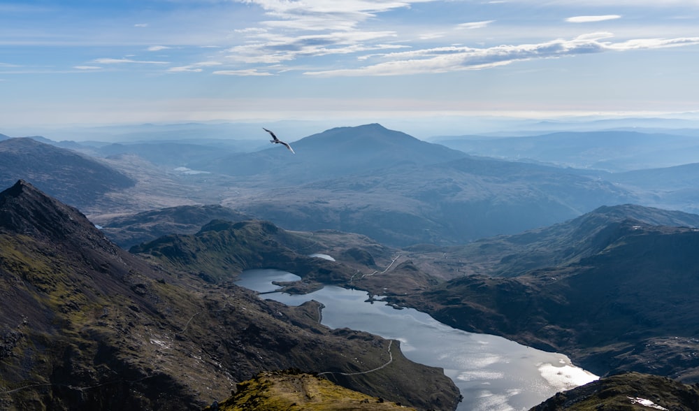 a bird is flying over a mountain range