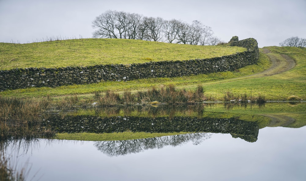 a grassy hill with a pond in front of it