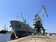 A large cargo ship docked at a port with a massive green crane beside it. The ship, named 'NOVI', rests in calm waters alongside a fenced area. Several other cranes and industrial buildings are visible in the background under a clear blue sky.