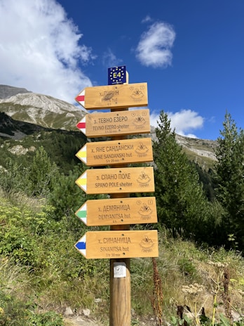 A rustic wooden signpost pointing to various mountain huts and campgrounds.