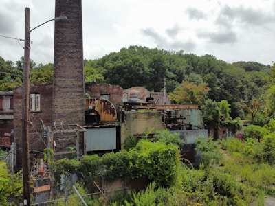 A scenic abandoned industrial building surrounded by overgrown vegetation in South Bohemia.