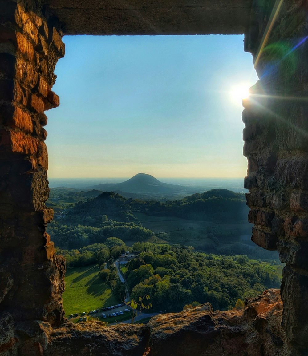 a view of a valley through a window