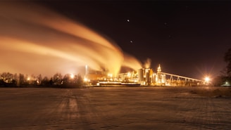 A nighttime industrial landscape with a factory emitting bright orange light and billowing smoke under a starry sky. The surrounding area is dark, and the contrast of light accentuates the structure's outlines against a backdrop of trees.
