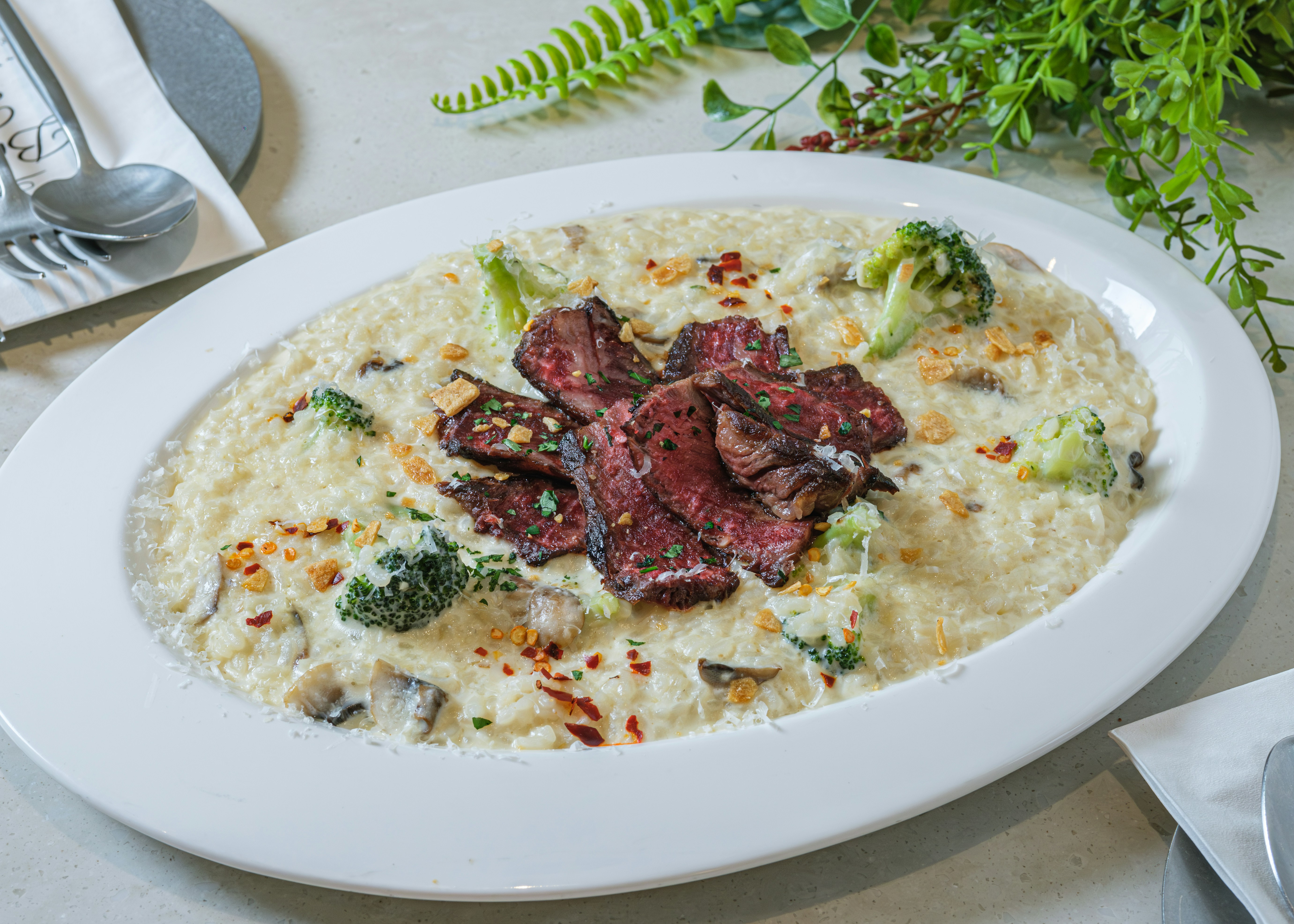 Risotto with seared beef and broccoli