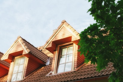 The image features a close-up view of a house with a clay tile roof and multiple gables. The structure is made of wood with large, clear windows reflecting sunlight. To the right, lush green leaves partially cover the view, hinting at a nearby tree.