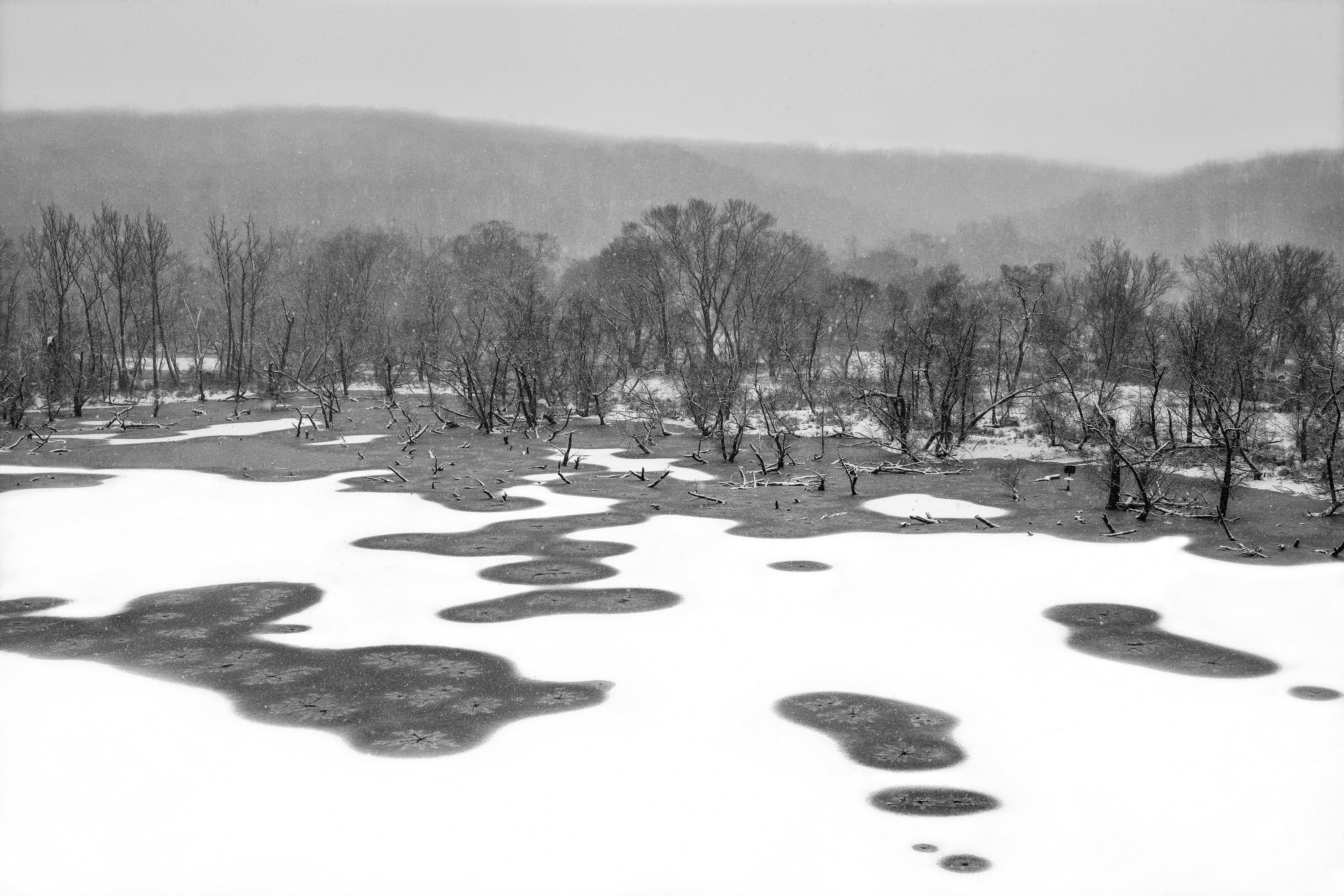a black and white photo of a golf course in the snow