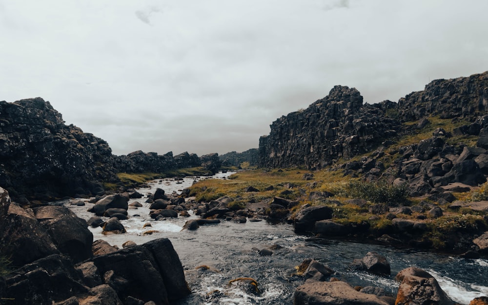 a river running through a lush green rocky hillside